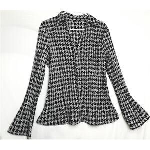 Apt. 9 Career Casual Black White Houndstooth Pleated Long Bell Sleeve Button Up